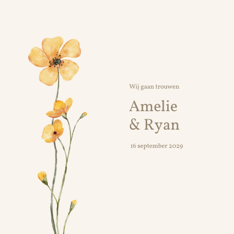Stijlvolle trouwkaart beige met gele bloem