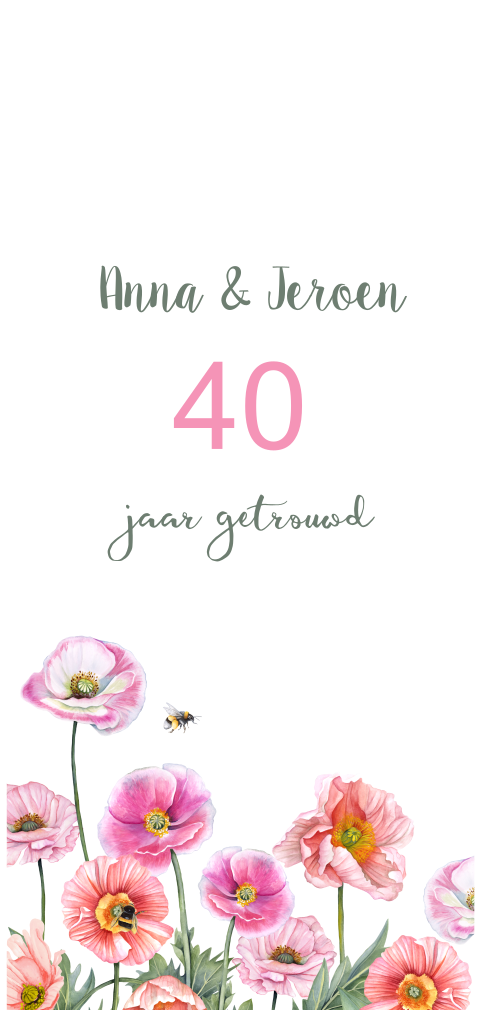 Jubileum 40 jaar getrouwd uitnodiging met klaprozen