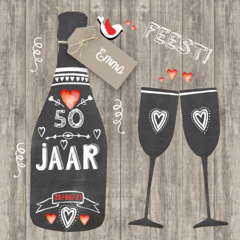 50 jaar uitnodiging verjaardag fles wijn op hout