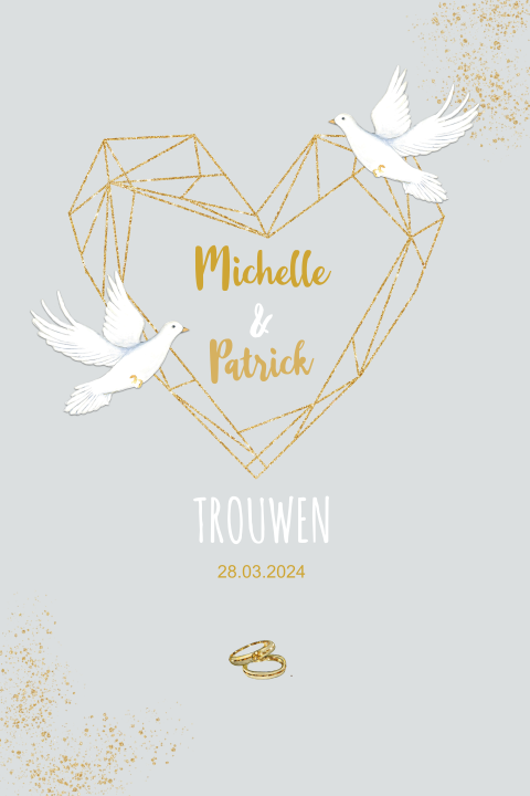Trouwkaart duiven hart in goudlook