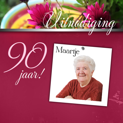 Uitnodigingskaart feestje 90e verjaardag bloemen