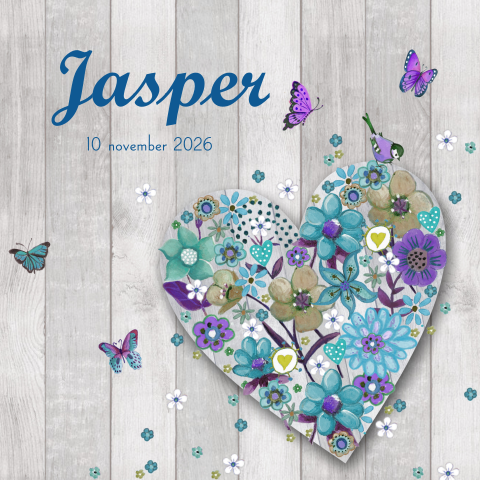 Geboortekaartje jongen met hart blauwe en paarse bloemen