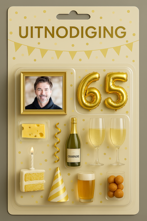 Uitnodiging 65 met eigen foto blister verpakking