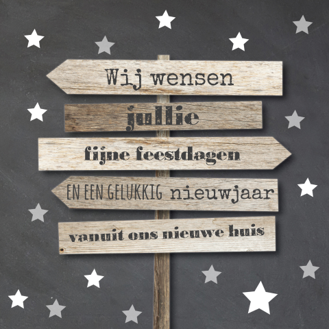 Hippe kerstkaart krijtbord wegwijzer hout met sterren
