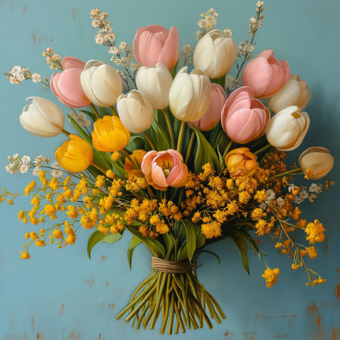 Wenskaart tulpen boeket op blauw hout