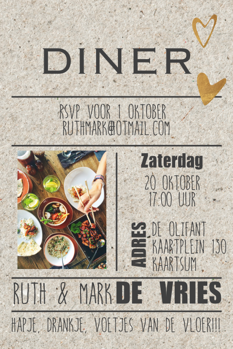 Uitnodigingskaart voor een diner met gouden details en typografie