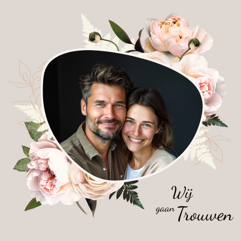 Trouwkaart met foto en rozen in klassiek moderne stijl