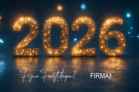 Kerstkaart 2026 eigen logo met 2026 in glitterlampjes