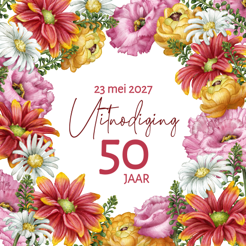 Uitnodiging verjaardag 50 jaar vrouw en veel fleurige bloemen