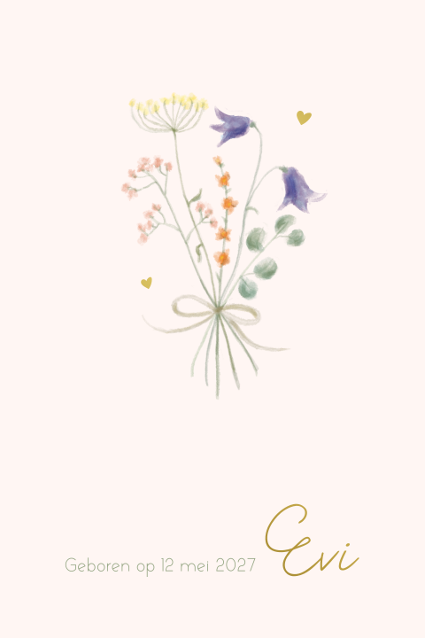 Geboortekaartje meisje boeketje bloemen en foliedruk