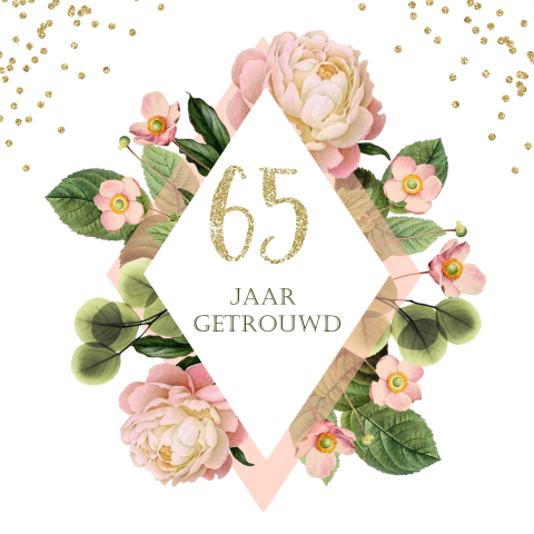 Uitnodiging jubileum 65 jaar getrouwd. Bloemen en gouden glitters.