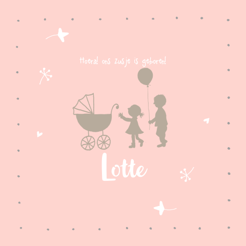 Geboortekaartje meisje kinderwagen silhouet broer en zus