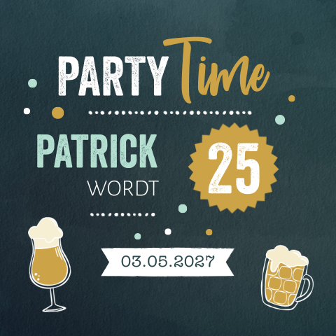 Uitnodiging 25 jaar verjaardag man met bier en confetti foto b