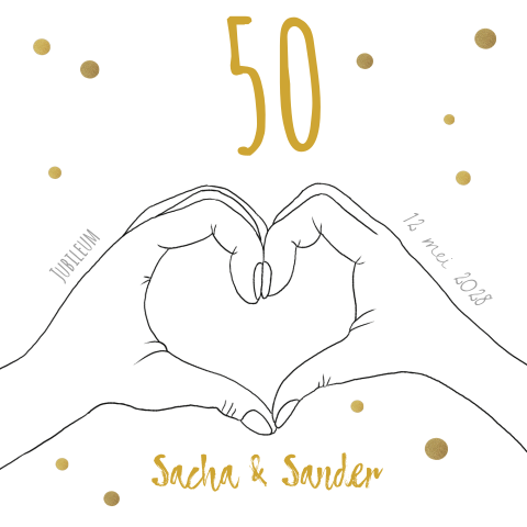 Jubileum 50 jaar uitnodiging met hart in handen en confetti