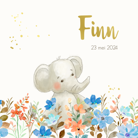 Geboortekaartje olifant jongen met bloemen en foliedruk