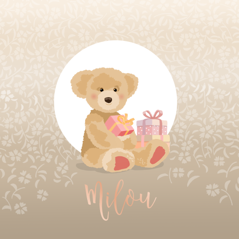 Geboortekaartje meisje teddy beertje met cadeautjes