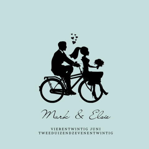 Trouwkaart met bruidspaar op fiets in silhouet blauw