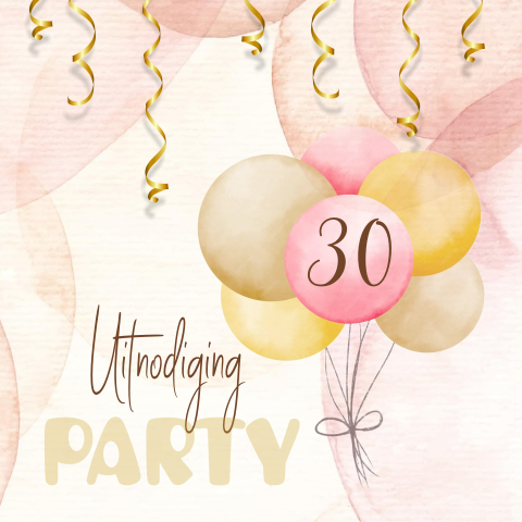 Uitnodiging 30e verjaardag party vrouw met roze ballonnen en confetti