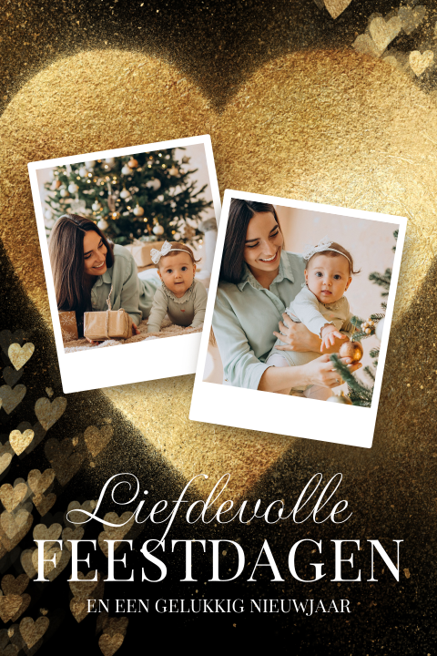 Luxe kerstkaart lief hart zwart goud met foto’s
