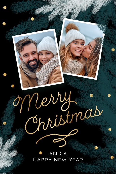 Kerstkaart met kersttakken twee foto’s grijs donker groen zwart