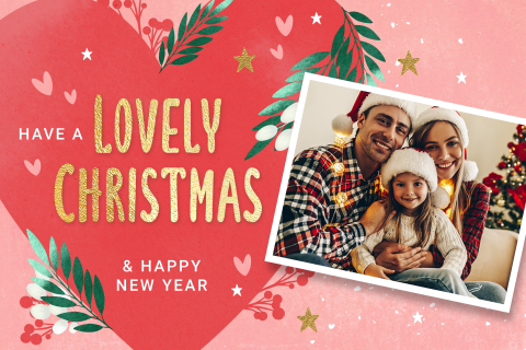 Lieve kerstkaarten met foto roze Lovely Christmas