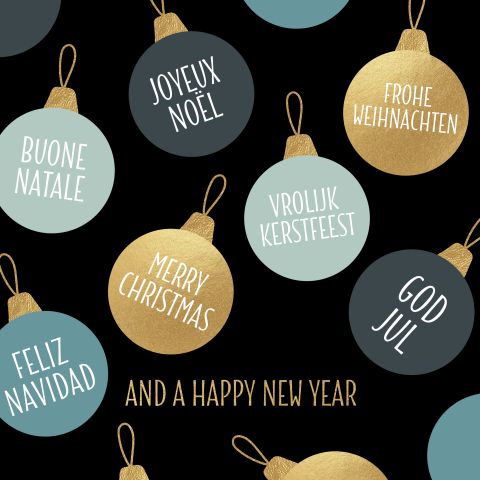 Zakelijke kerstkaarten kerstballen verschillende talen internationaal