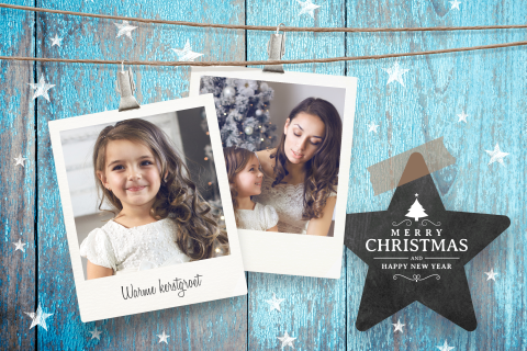 Kerstkaart met eigen foto's blauw hout