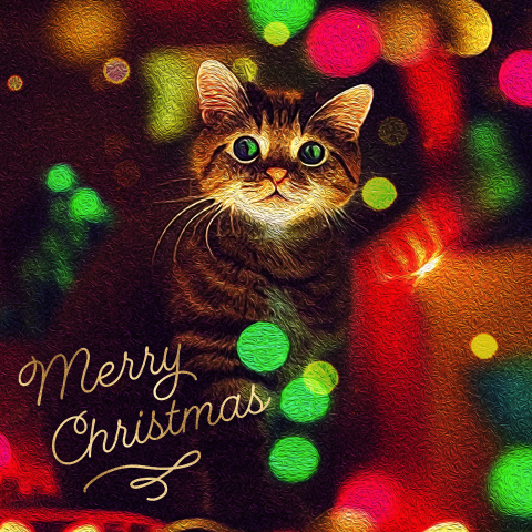 Leuke kerstkaart met lieve kat in olieverf stijl