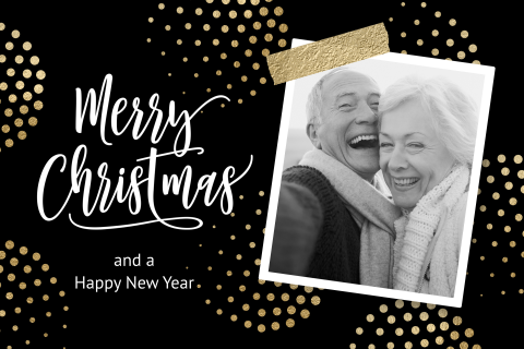 Feestelijke kerstkaart met foto en gouden bollen