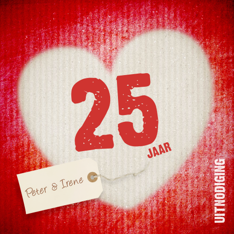 Uitnodiging jubileum 25 jaar label hartje karton