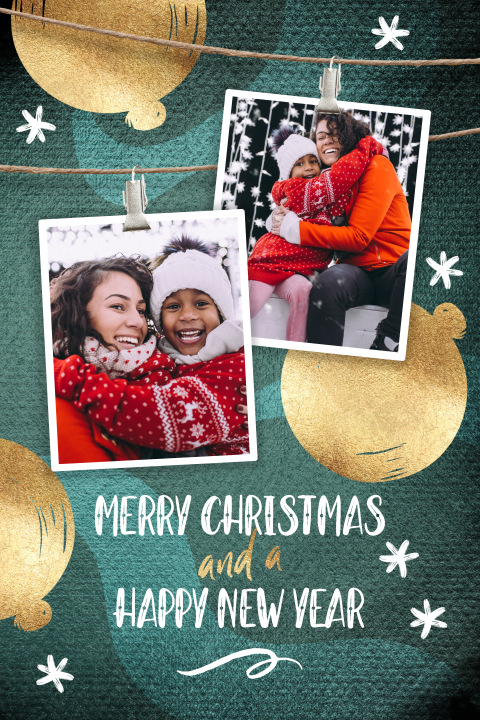 Kerstkaarten met eigen foto vrolijk design kerstballen