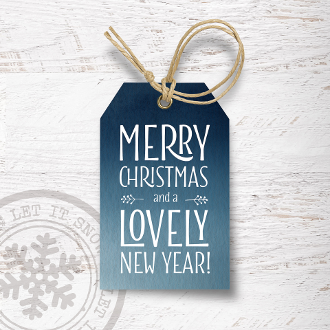 Kerstkaarten met blauw label wit hout