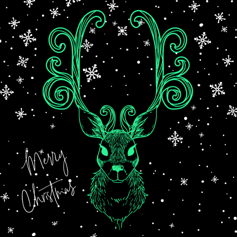 Originele kerstkaart fel groen rendier met zwart wit