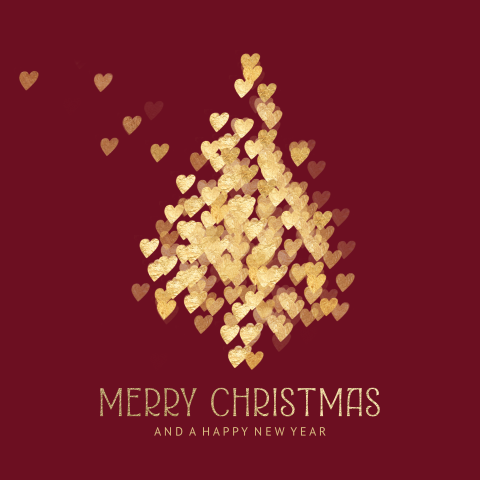 Kerstkaarten met gouden hartjes kerstboom bordeaux rood