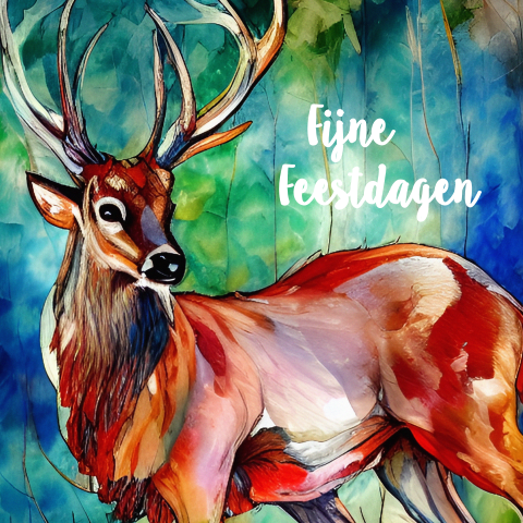 Kerstkaart uniek rendier hert geschilderd kunst kaart