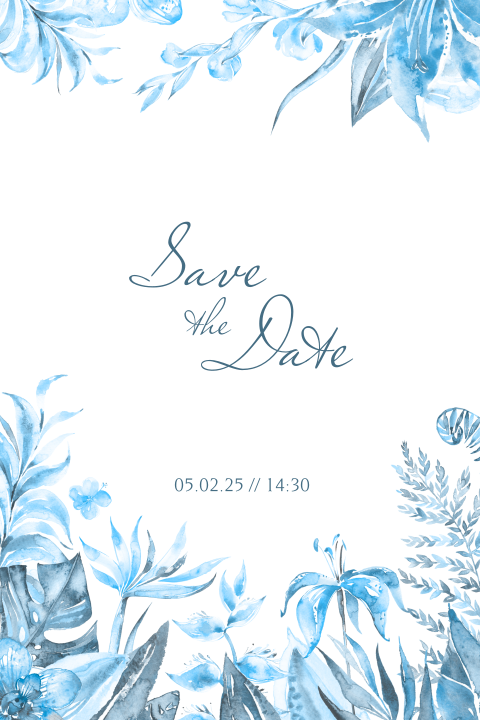Save the Date tropische bloemen blauw waterverf