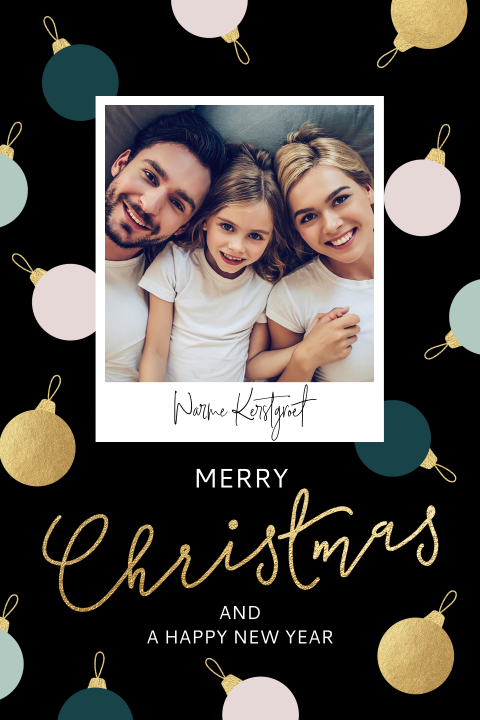 Kerstkaart met foto en kerstballen