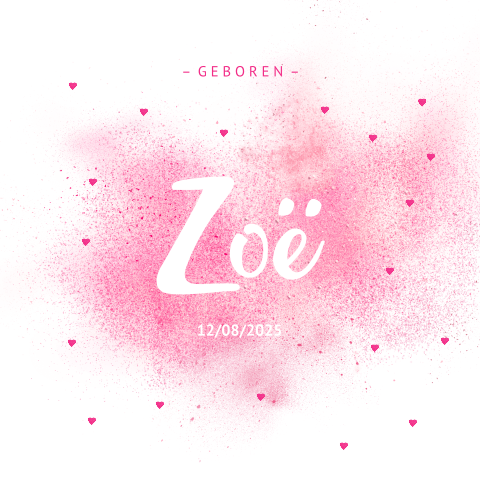 Hip geboortekaartje met roze verf spetters