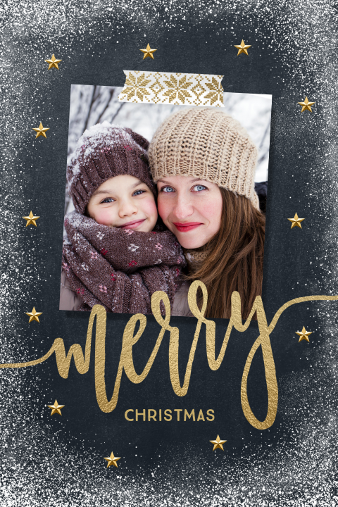 Kerstkaart eigen foto sneeuw krijtbord