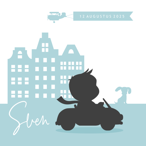 Silhouet geboortekaartje jongetje in een auto