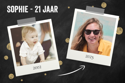Verjaardag uitnodiging 21 jaar foto toen en nu krijtbord