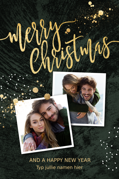Feestelijke kerstkaart twee foto's groen goud