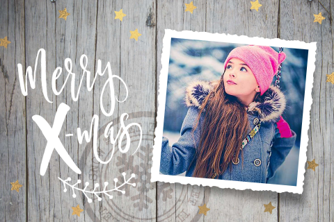 Kerstkaart met eigen foto hout look