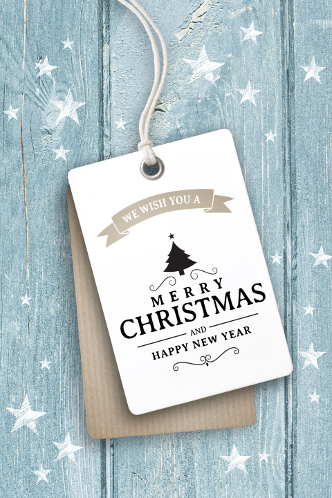 Blauwe kerstkaart hout label