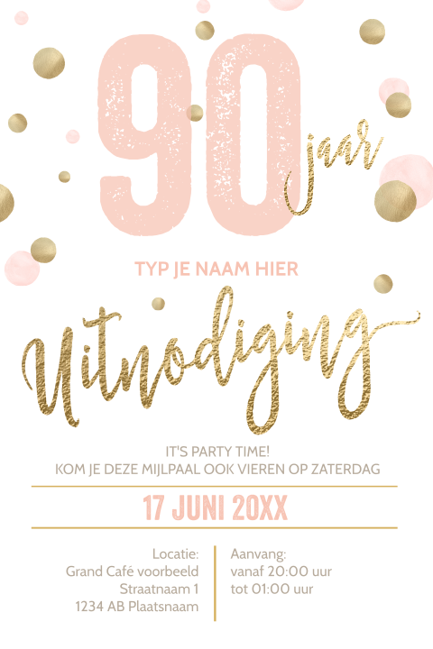 Luxe uitnodiging 90 jaar verjaardag wit goud typografie