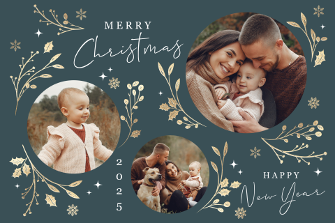 Stijlvolle kerstkaarten met drie foto's gouden takjes