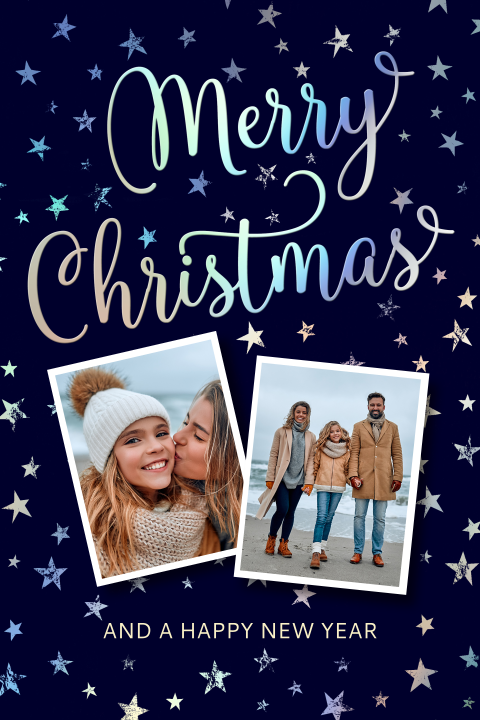 Foto kerstkaart met kleurrijke Merry Christmas sterretjes
