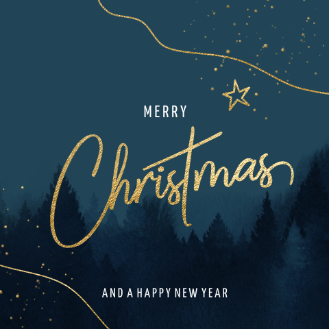 Kerstkaart dennenbomen landschap waterverf goud