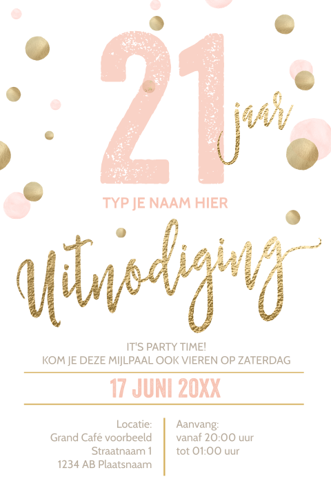 Luxe verjaardag uitnodiging 21 jaar wit goud roze