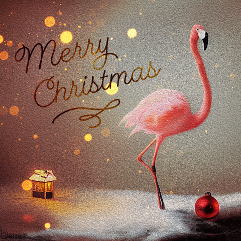 Grappige kerstkaart met flamingo en sneeuw